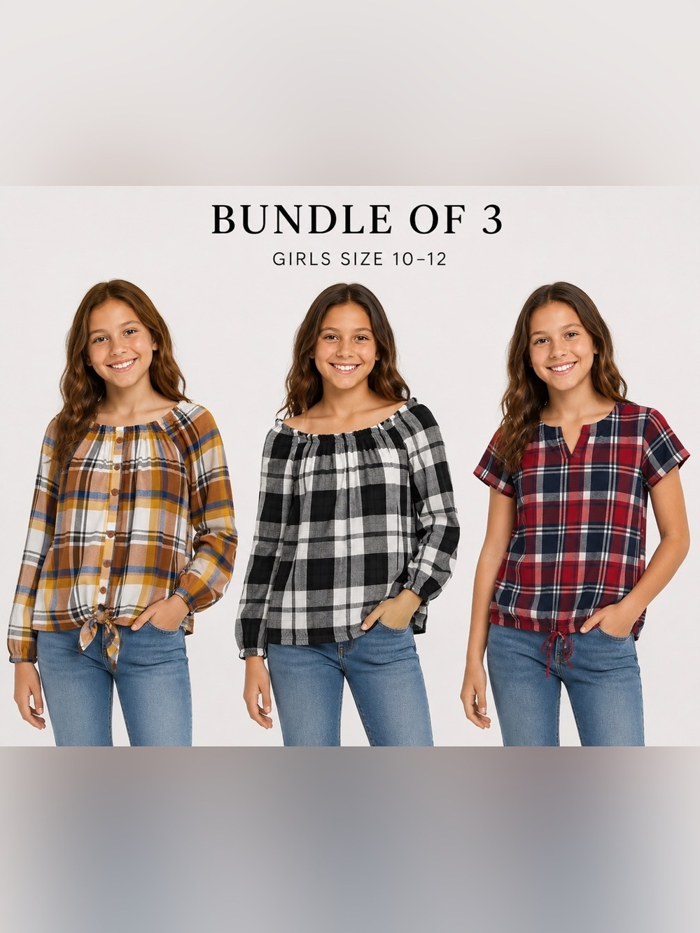 PLACE Girls Plaid Top Bundle Size 10/12 (3 Tops) Fall Long Sleeve & Short Sleeve
